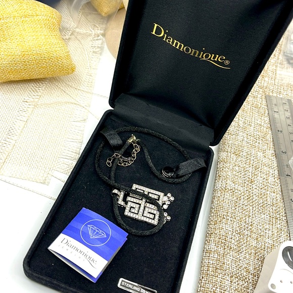 925 Diamonique QVC Geometric Statement Necklace w/ Black Adjustable Cord - Picture 8 of 14